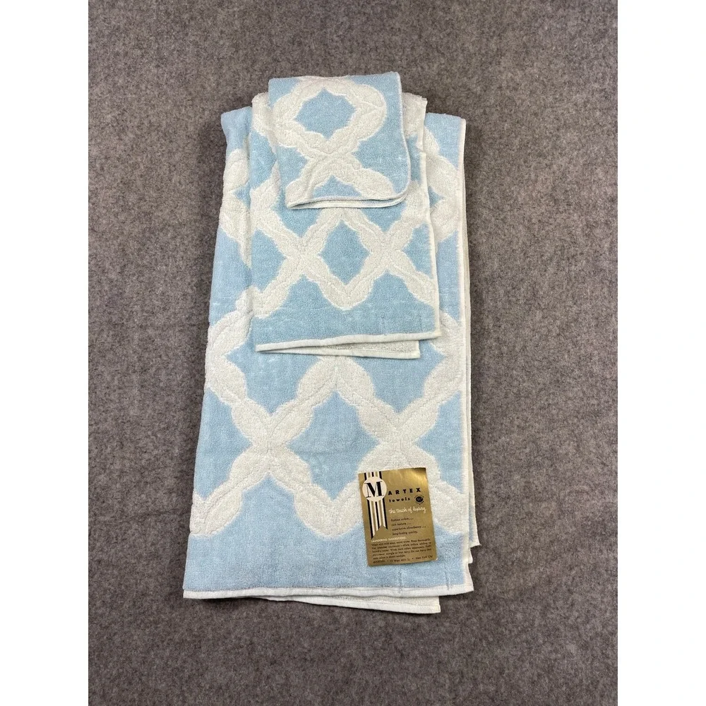 Vintage Martex Blue White Trellis Cotton Towel Set 3pc Bath Hand Washcloth USA